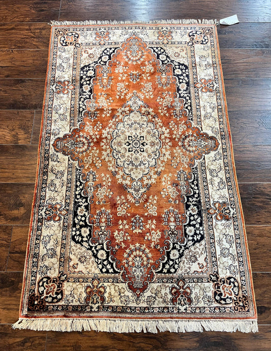 USED Turkish Silk Rug 3x5, Very Fine 400 KPSI, Floral Medallion, Handmade Hand Knotted Silk on Silk Oriental Carpet