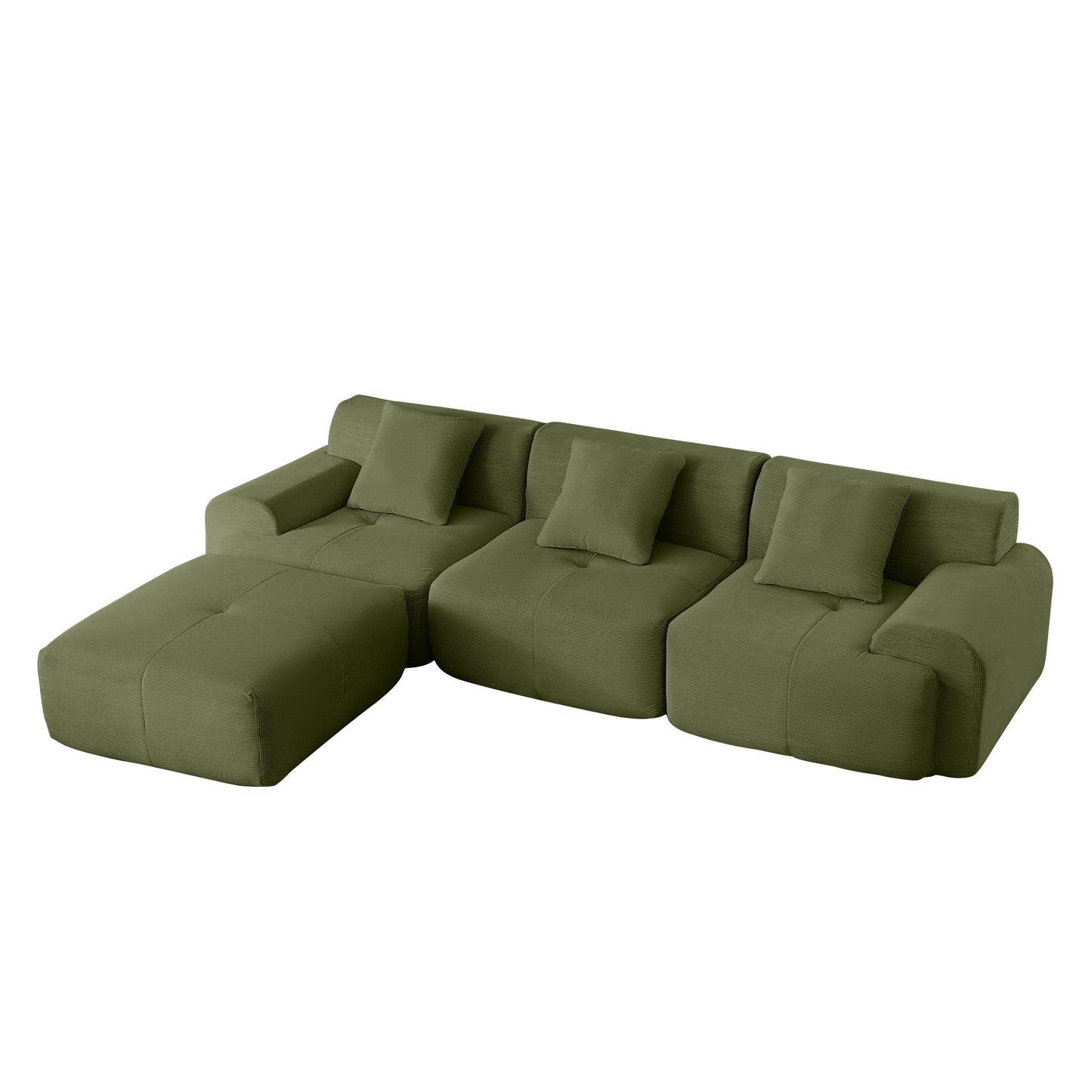 NEW Modern L-Shaped Modular Sectional Sofa in Green Corduroy, 113' Oversized 3-Seater with Deep Seat and Movable Ottoman – No Assembly Required
