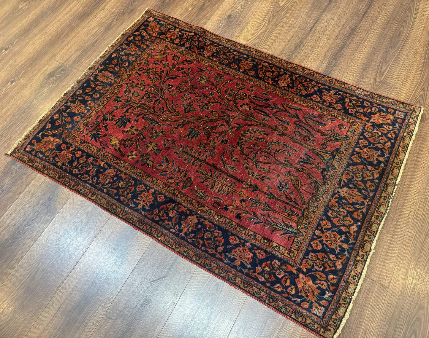 USED Antique Persian Tree of Life Rug 3x5, Manchester Wool, Bird Pictorials, Fine 240 KPSI, Red Navy Blue