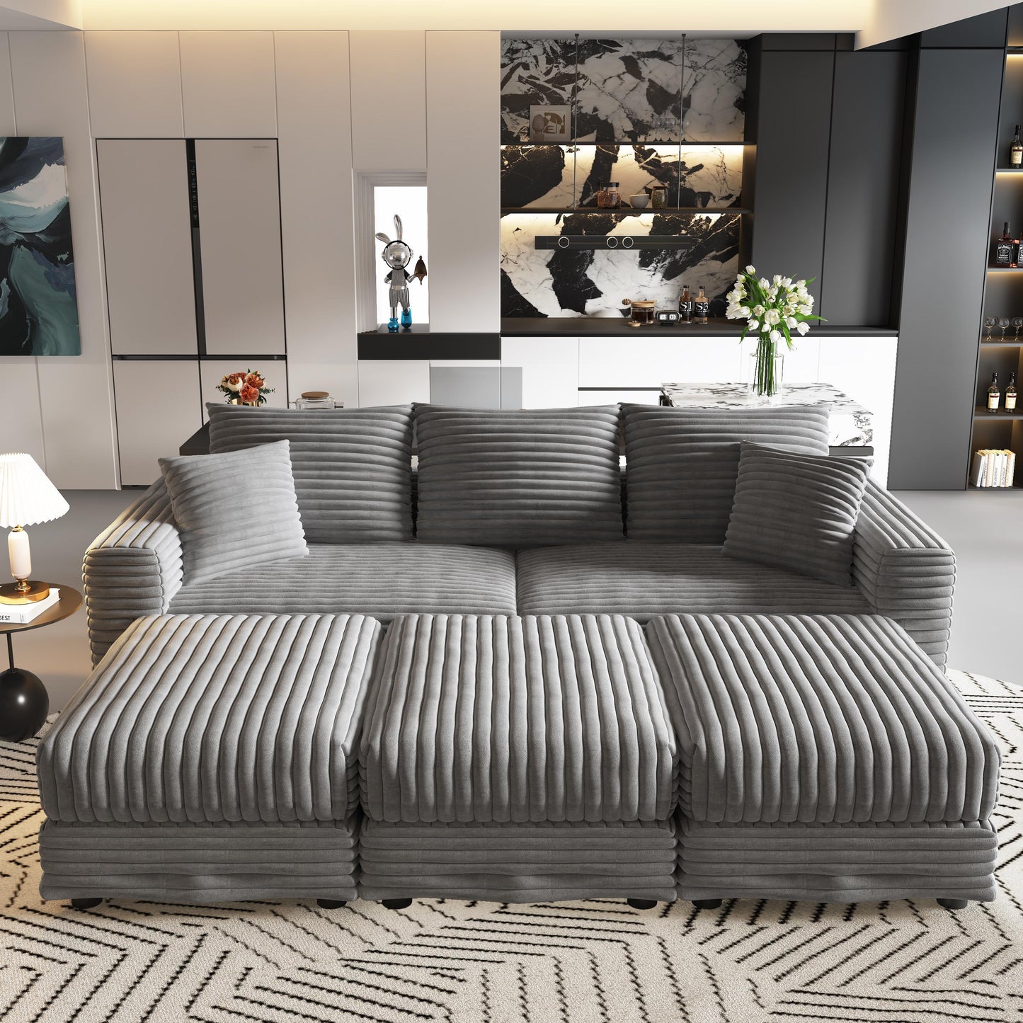 NEW Luxury Comfort Grey Plush Corduroy Fabric U Shaped Sectional Multi-functional Sofa Couch