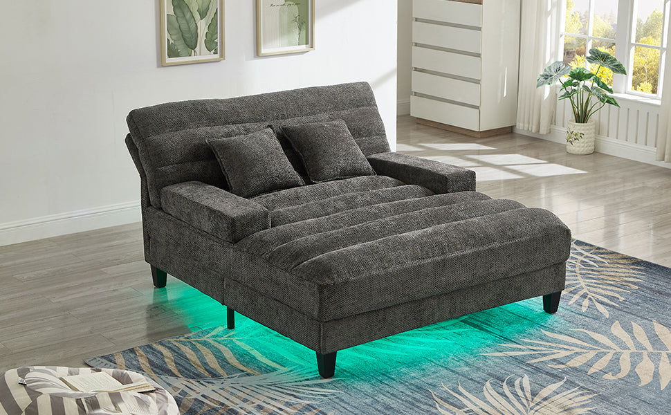 NEW  Grey Chenille LED Light Strip Upholstered Modern Chaise Lounge Sofa Bed