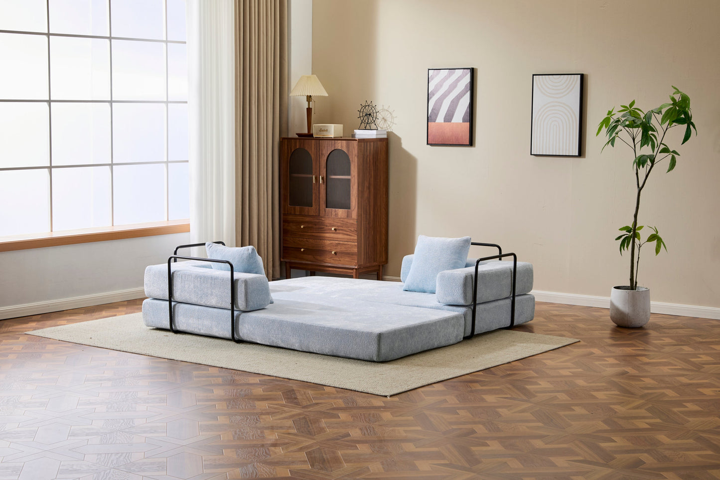 NEW Light Blue Chenille Fabric Floor Couch Compression Convertible Sofa Bed with Pillow Back Support Armrest Comfy Futon Couch Lounge Sleeper Bed