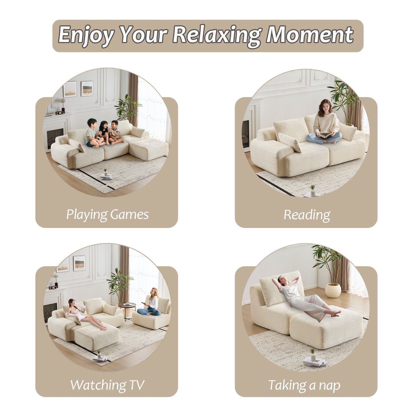 NEW Modern Memory Foam Compressed Sofa,Large Sectional Couches for Living Room,Pet-Friendly Cloud Modular Sectional Sofa,Corduroy Fabric,Extra Deep Loveseat,No assembly required, BEIGE