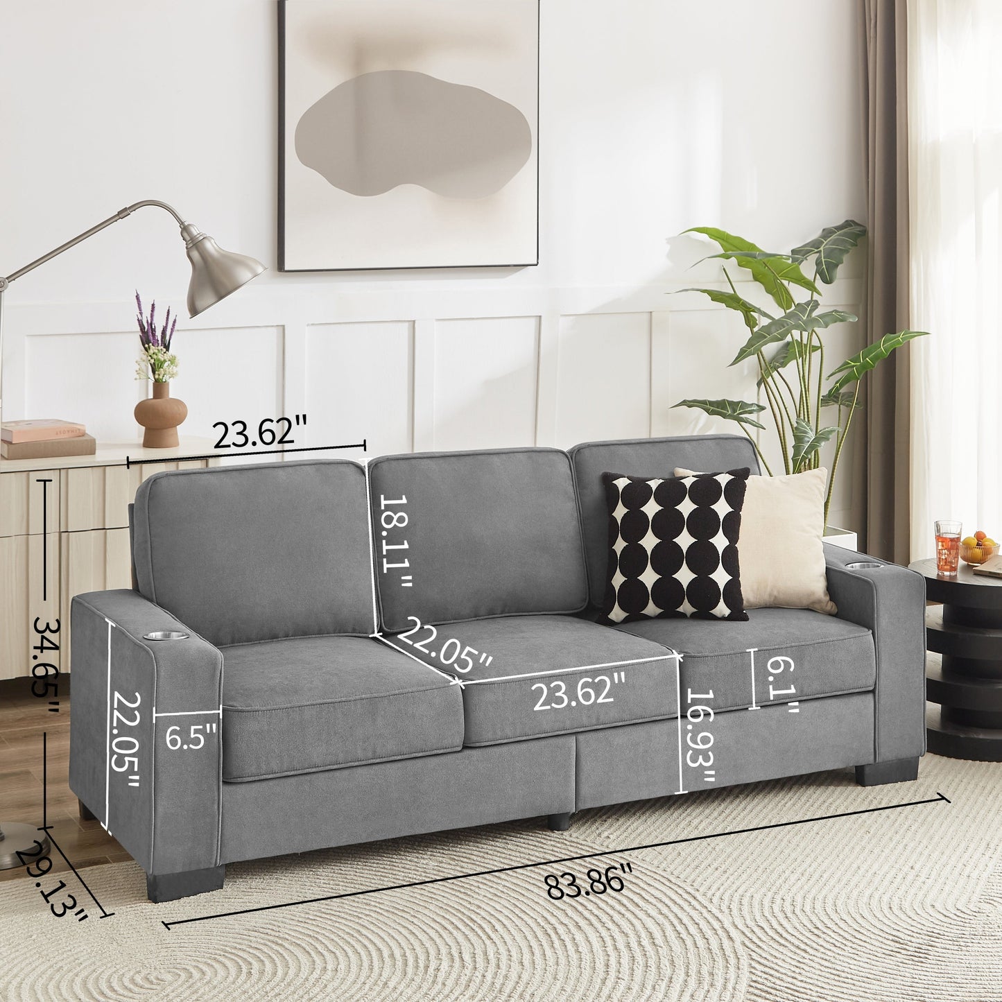 NEW Modern Snow Fleece Fabric 3-Seater Sofa with Cup Holders in Gray