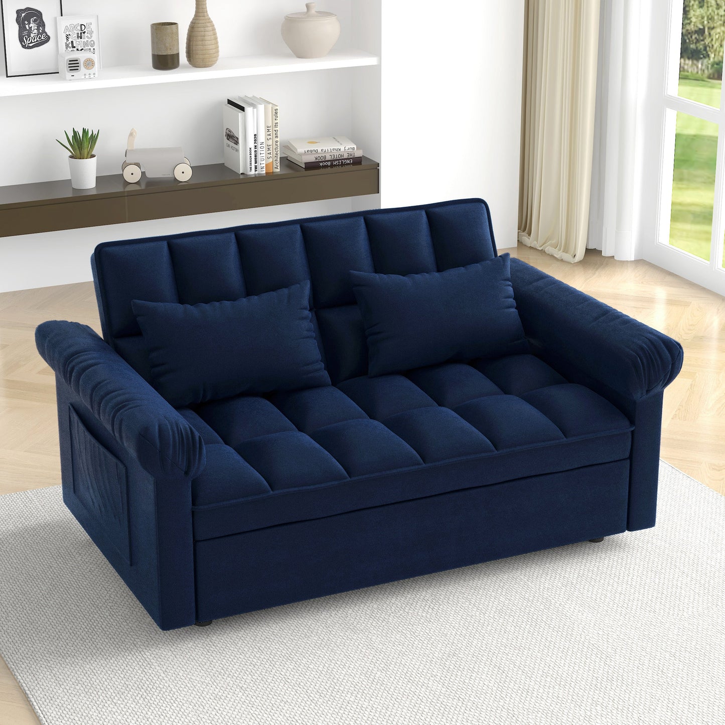 NEW Loveseats Sofa Bed with Pull-out Bed,Adjsutable Back-Blue