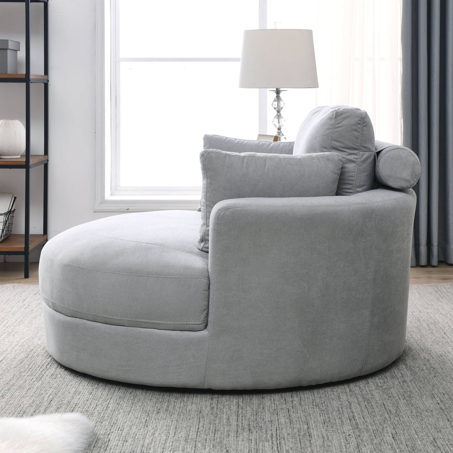 NEW We Like Swivel Accent Barrel Modern Grey Sofa Lounge Club Big Round Chair with Storage Ottoman Linen Fabric with Pillows