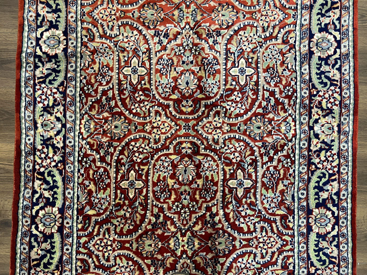 USED Indo Persian Rug 4x7, Allover Floral Oriental Carpet, Red and Navy Blue, Hand Knotted Indian Kashmiri Traditional Vintage Area Rug 4 x 7 ft