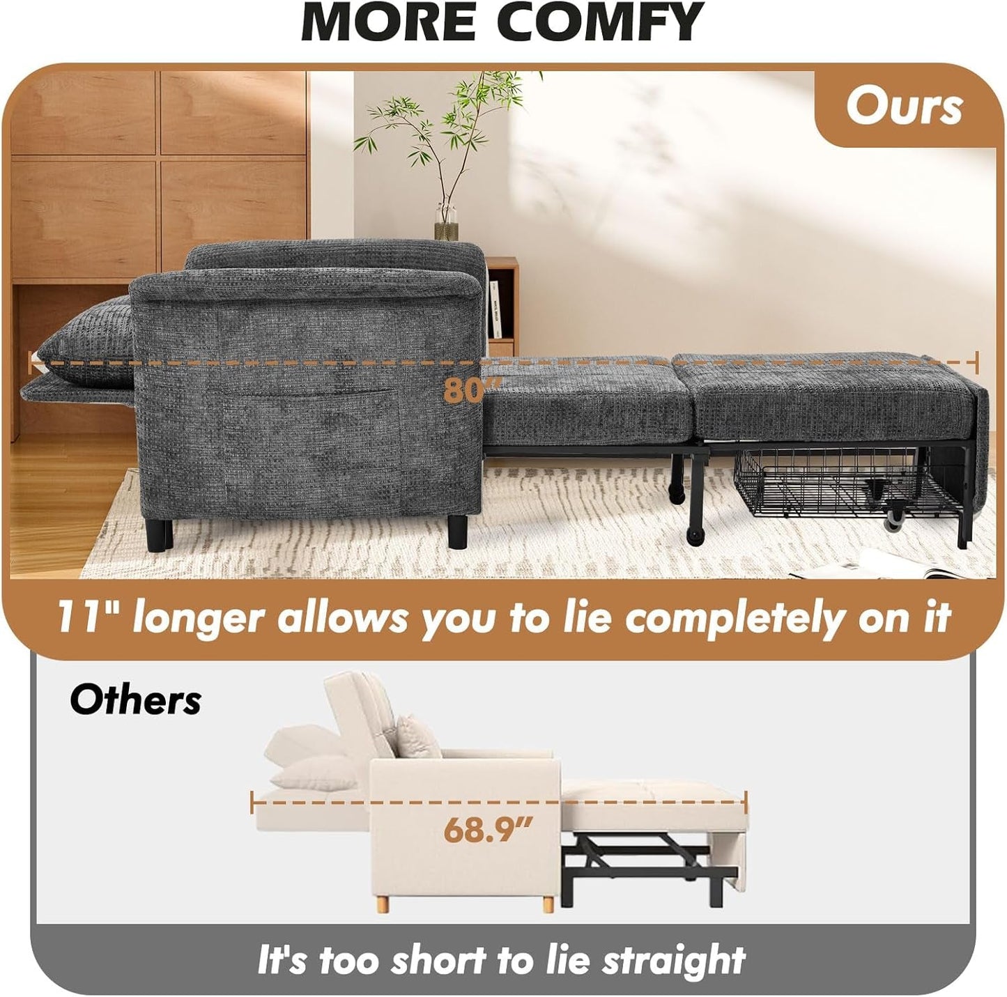 NEW Convertible Sleeper Chair 79-Inch With Adjustable Backrest