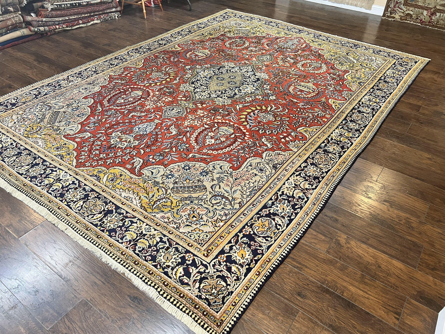 USED Wonderful Persian Qum Rug 10x14, Wool w/ Silk Highlights, Hand Knotted Semi Antique Vintage Carpet, Red, Floral, Fine Weave, Birds Deer Pictorials