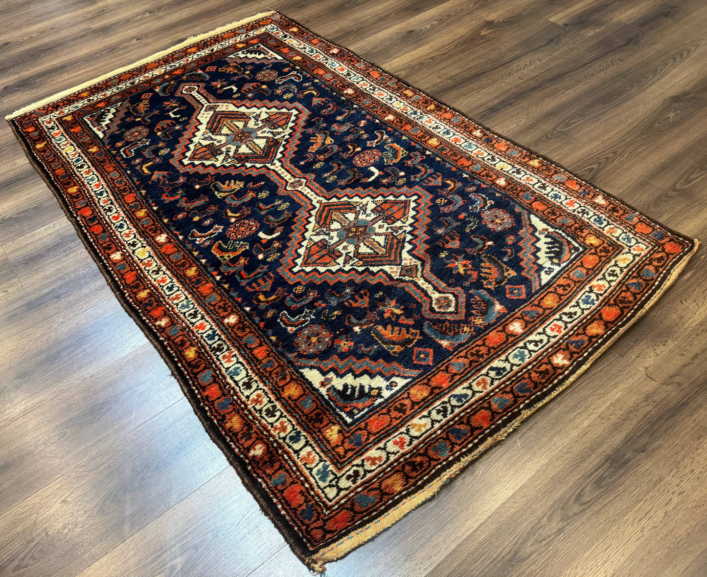 USED Antique Persian Hamadan Rug 4x6, Geometric, Double Medallions, Navy Blue, Tribal Carpet