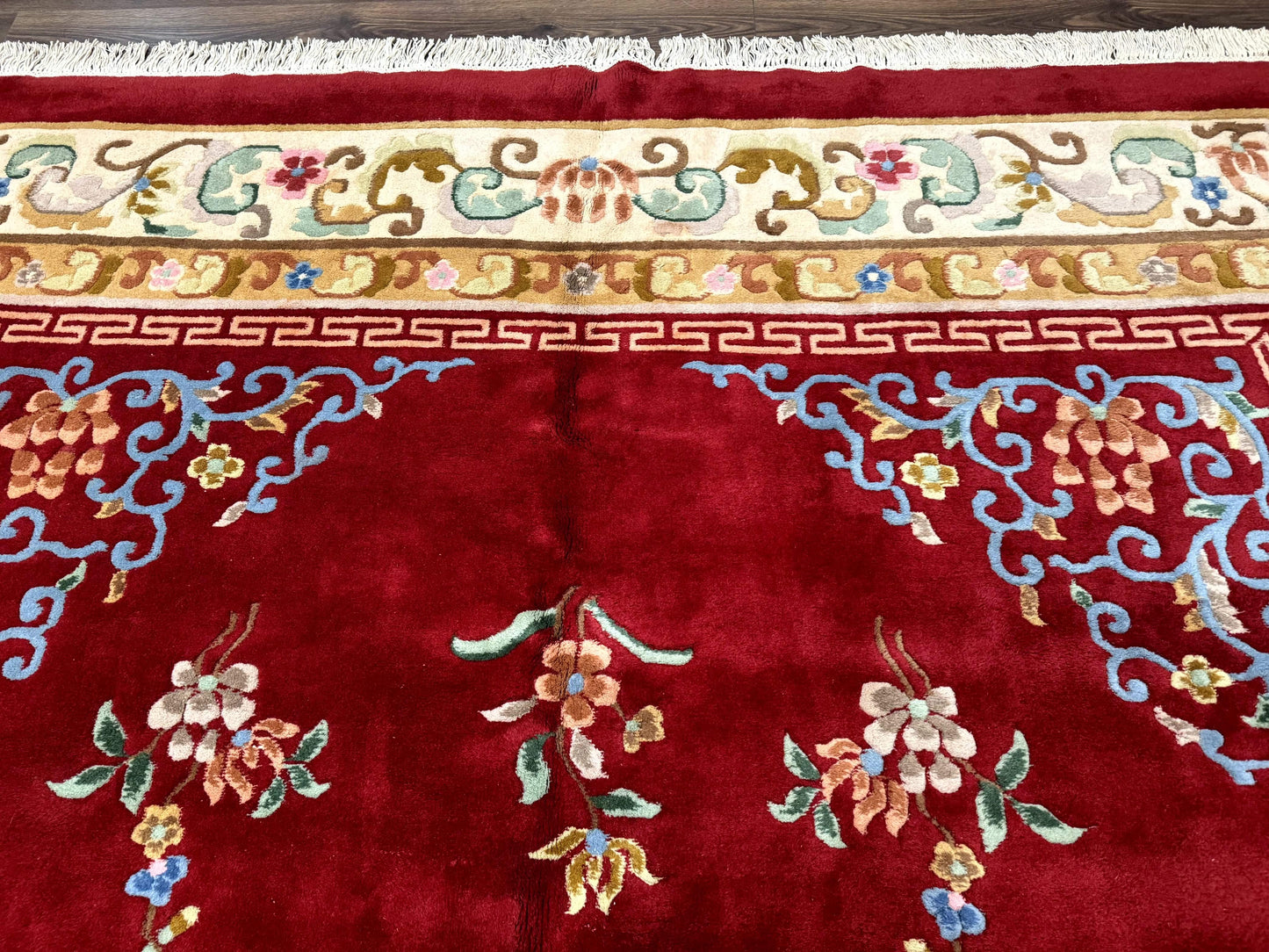 USED Indo Chinese Wool Rug 9x12, Red Art Deco Carpet, Vintage