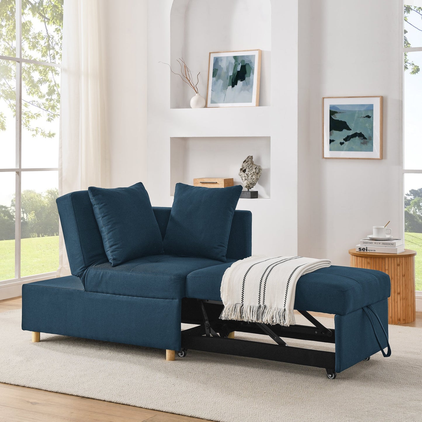 NEW Modern Blue Linen Fabric Convertible Sleeper Adjustable Backrest Couch Chair Recliner with Pullout Sofa Bed and Wheels
