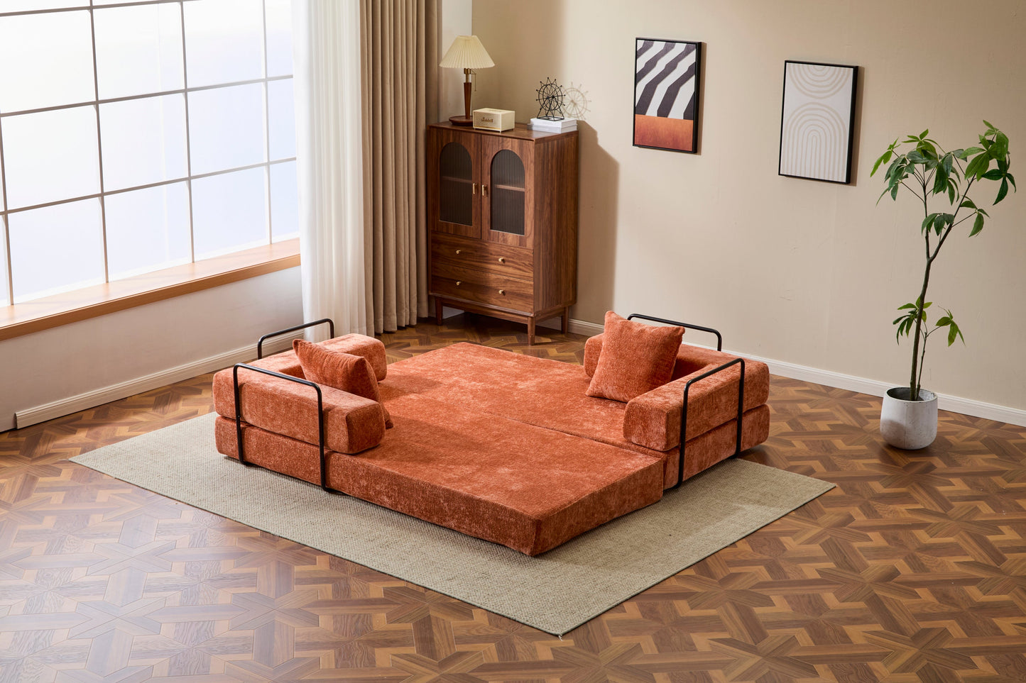 NEW Orange Chenille Fabric Comfy Futon Couch Lounge Sleeper Compression Convertible Floor Sofa Bed Couch with Pillow Back Support Armrest Bed