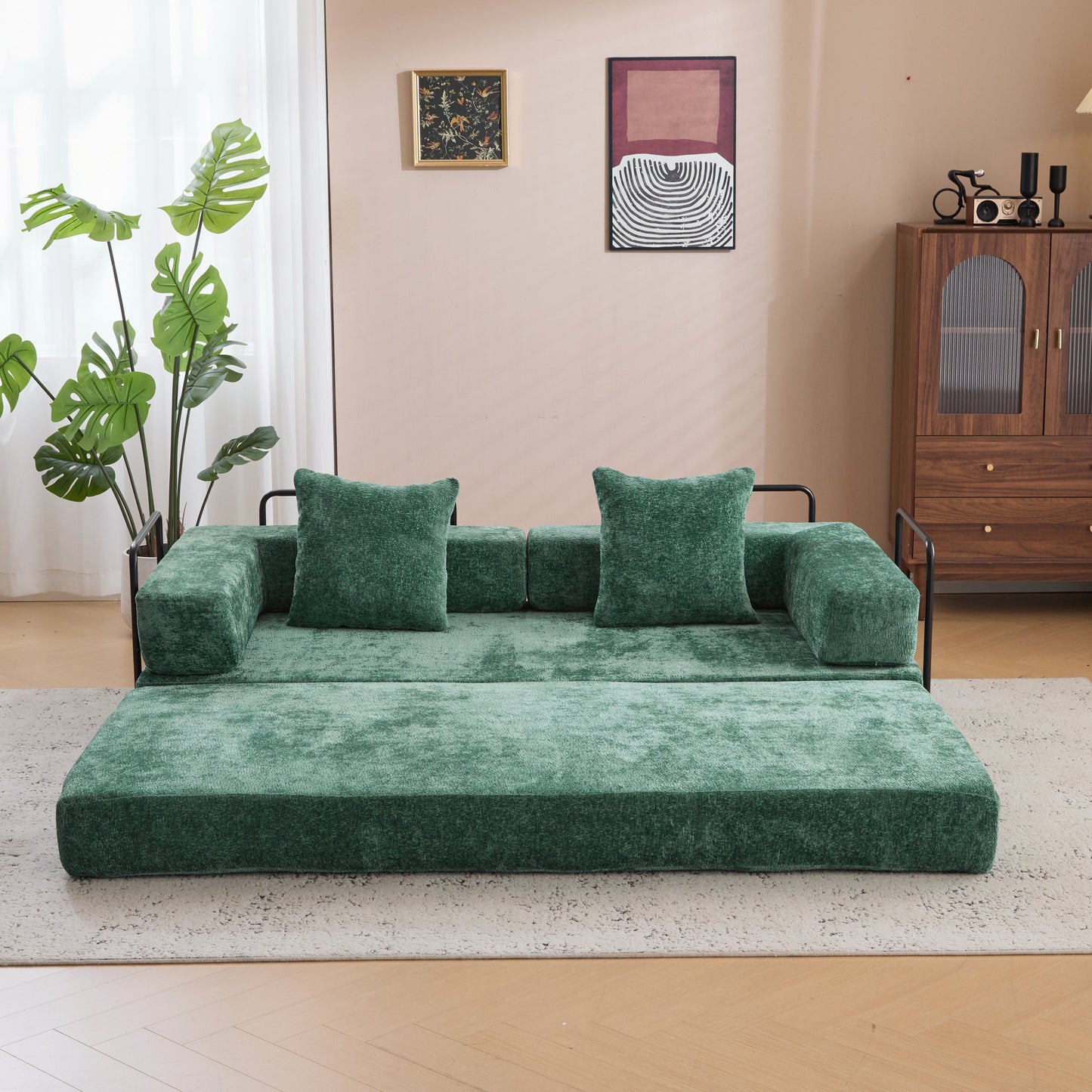 NEW Dark Green Chenille Fabric Floor Compression Convertible Sofa Bed