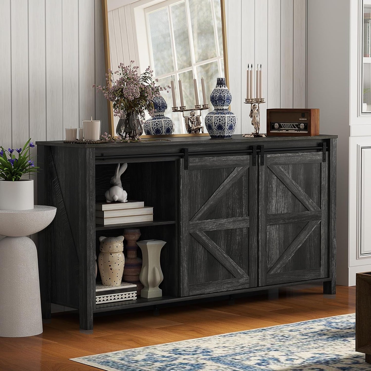 NEW 60 Inch Farmhouse Sideboard Buffet Cabinet Sliding Doors