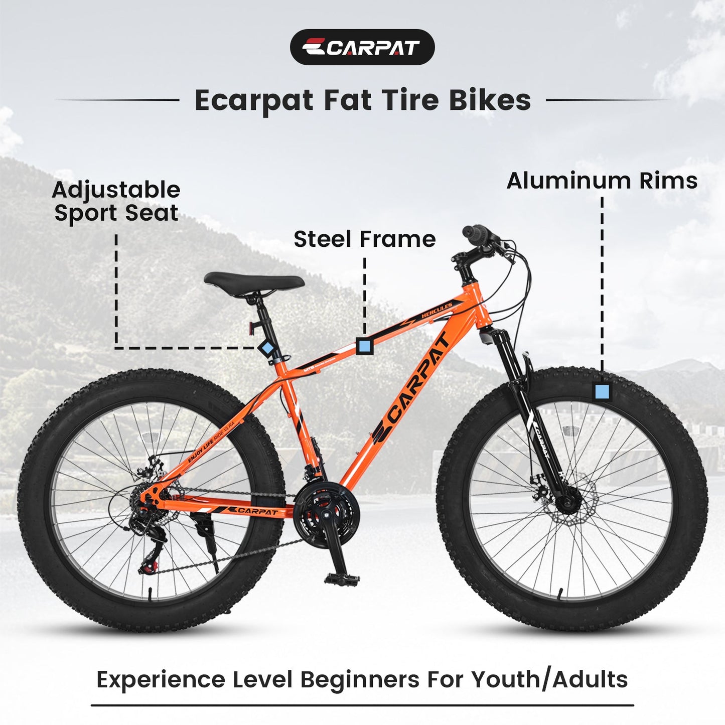 NEW S26109 Elecony 26 Inch Fat Tire Bike Adult/Youth Full Shimano 21 Speed Mountain Bike, Dual Disc Brake, High-Carbon Steel Frame, Front Suspension, Mountain Trail Bike, Urban Commuter City Bicycle