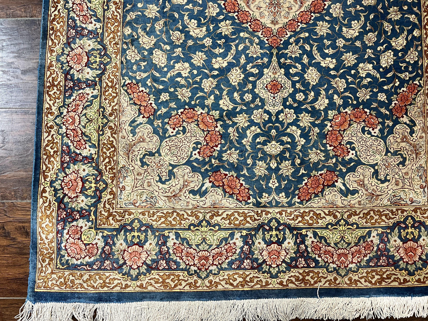USED Magnificent Persian Qum Silk Rug 3x5, Blue, Super Fine 675 KPSI - 70 Raj, Floral Roses, Handmade Vintage Silk Carpet, Masterpiece