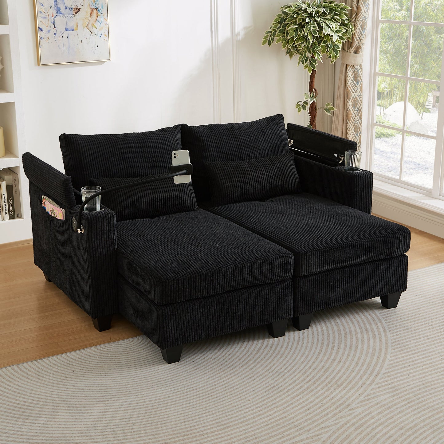 NEW Convertible Chaise Lounge 63' Loveseat Sofa Bed with USB Ports, Cup Holders, Phone Holder & Storage, Black Corduroy