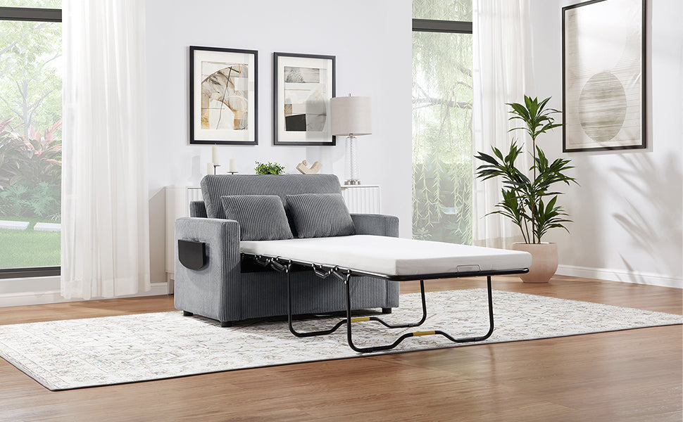 NEW Twin Size 47.2' Gray Corduroy Sleeper Loveseat Sofa Bed with Foldable Mattress USB Ports Side Table & Storage Pocket