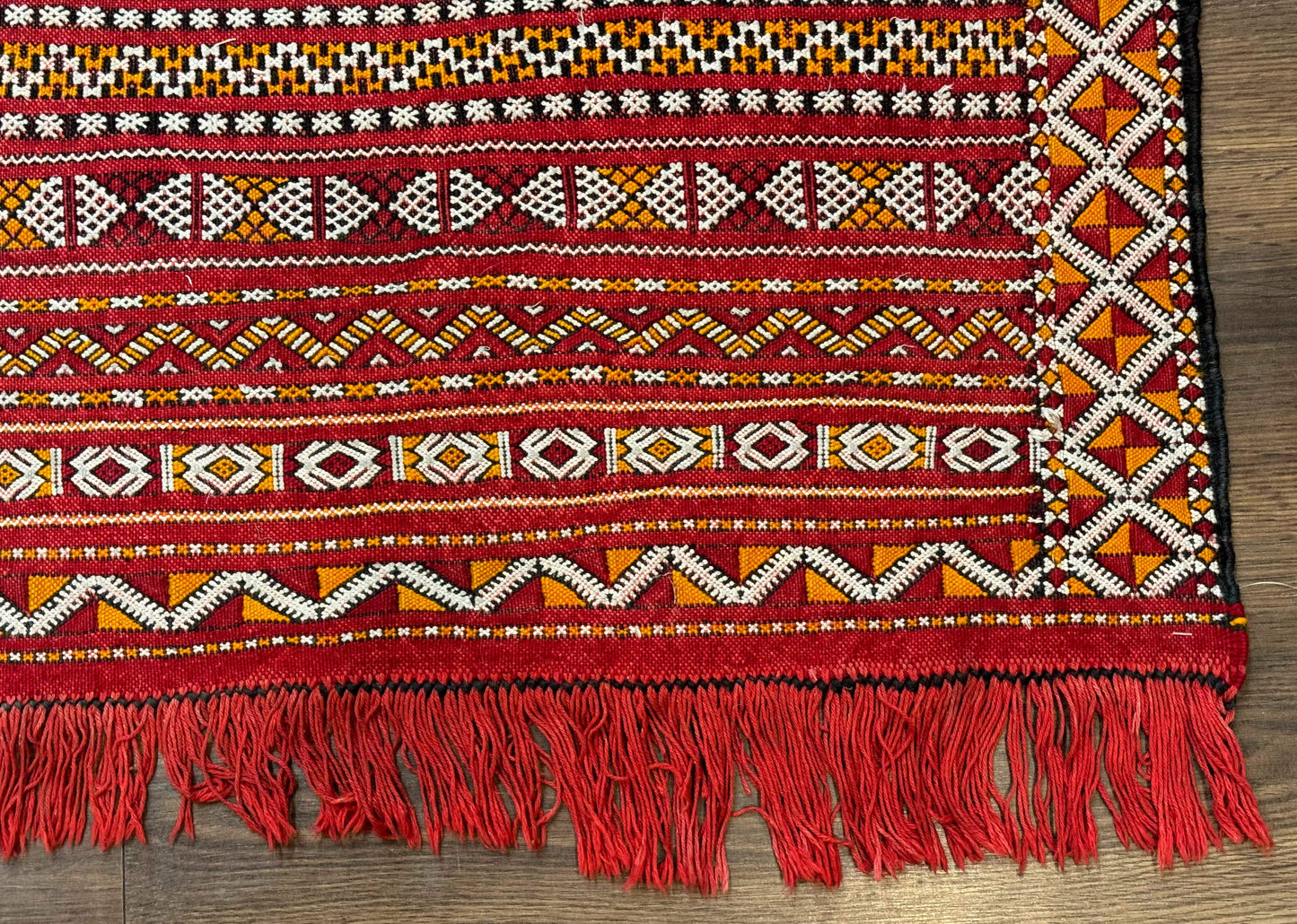 USED Moroccan Kilim Rug 4x8, Flatweave, Bohemian, Red Ivory Orange