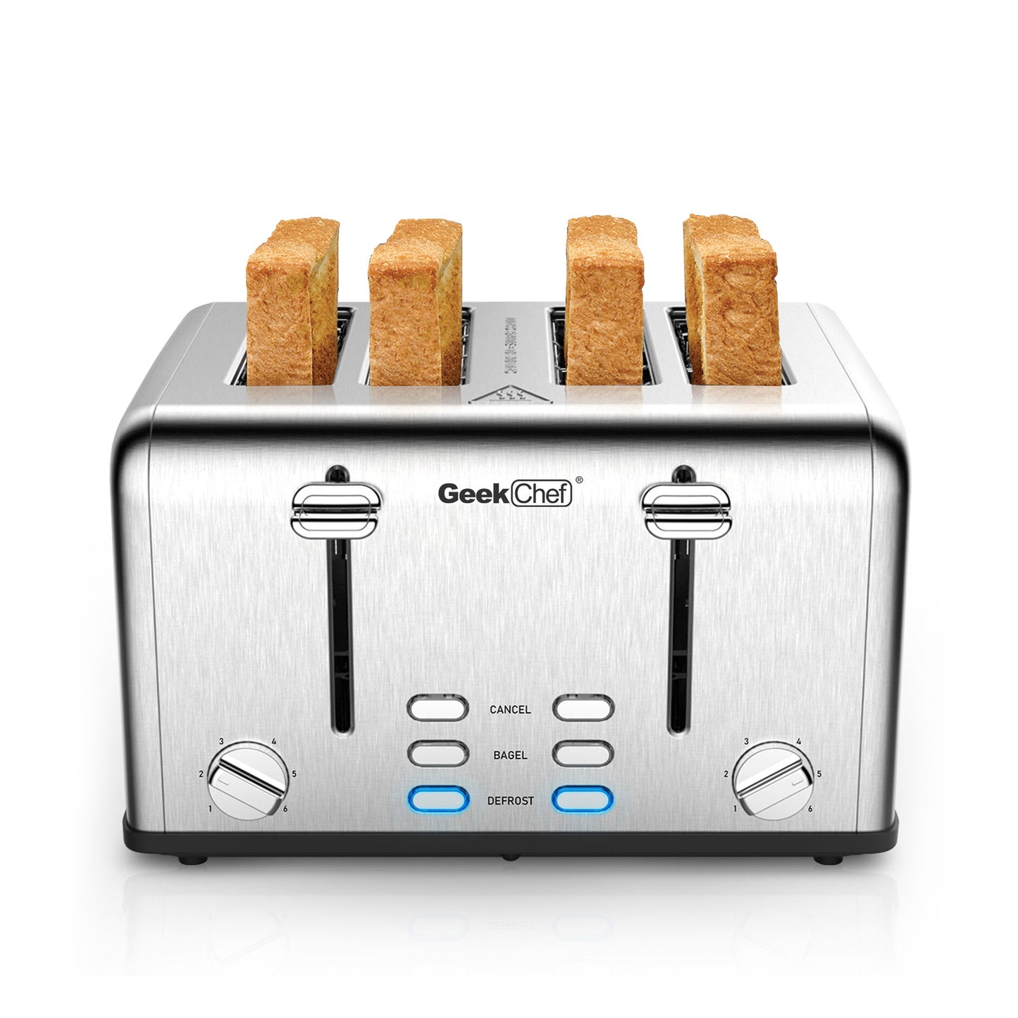NEW 4 Slice Geek Chef Stainless Steel Extra-Wide Slot Dual Control Defrost Toaster