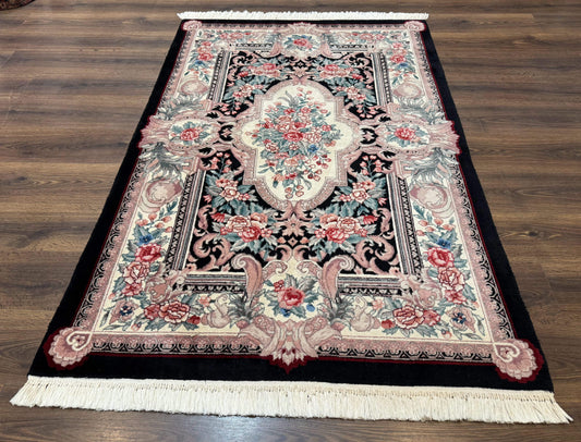 USED Aubusson Rug 4x6, Elegant European Floral Design, Black and Ivory, Fine 200 KPSI