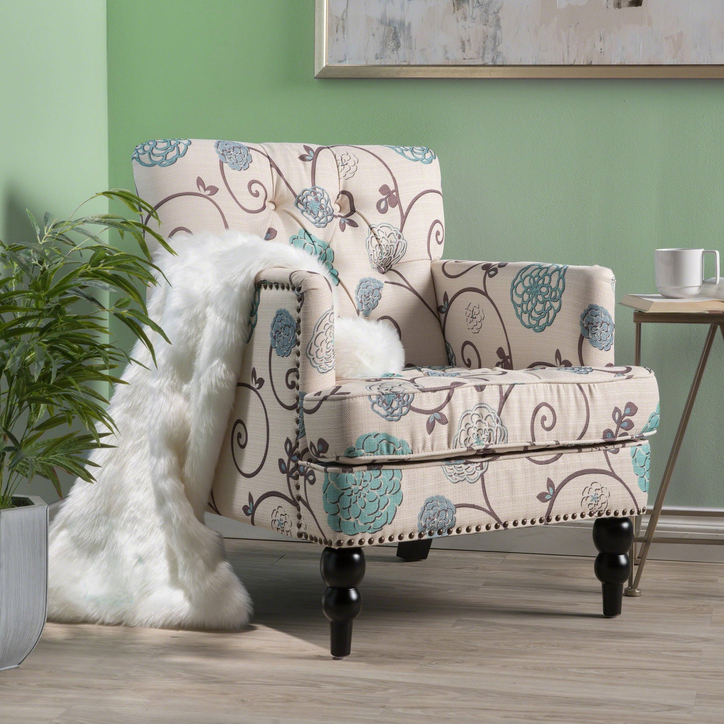 NEW Blue and White Vitality Club Chair with Button-Tufted Diamond Stitching and Turned Legs
