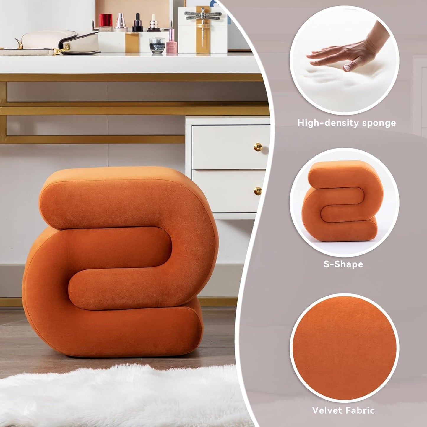 NEW Orange Contemporary Premium S Shape Ottoman Footstool