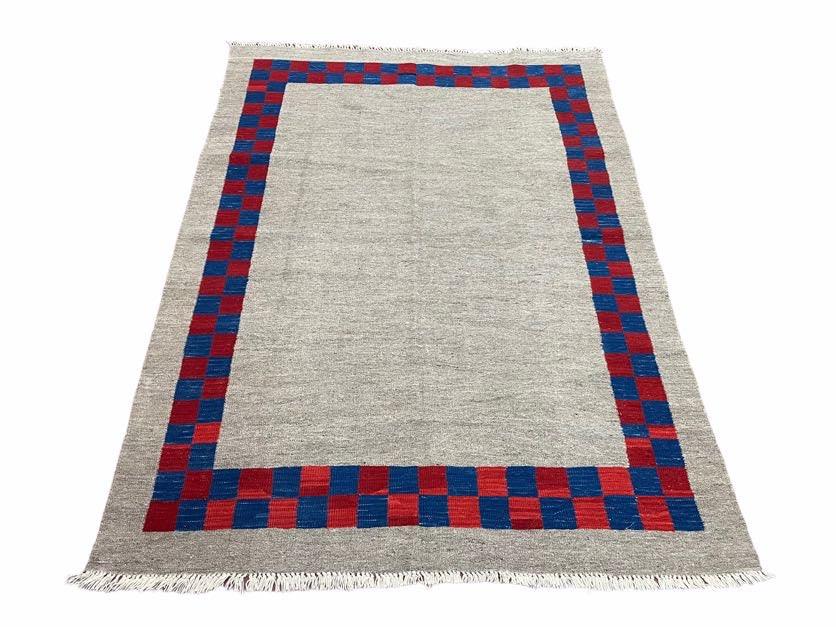 NEW 5' 7" x 7' 9" Geometric Kilim Carpet, Gray, Handmade, Hand-Knotted Area Rug, Blue & Red, Flatweave, Wool, New, Checkerboard Pattern