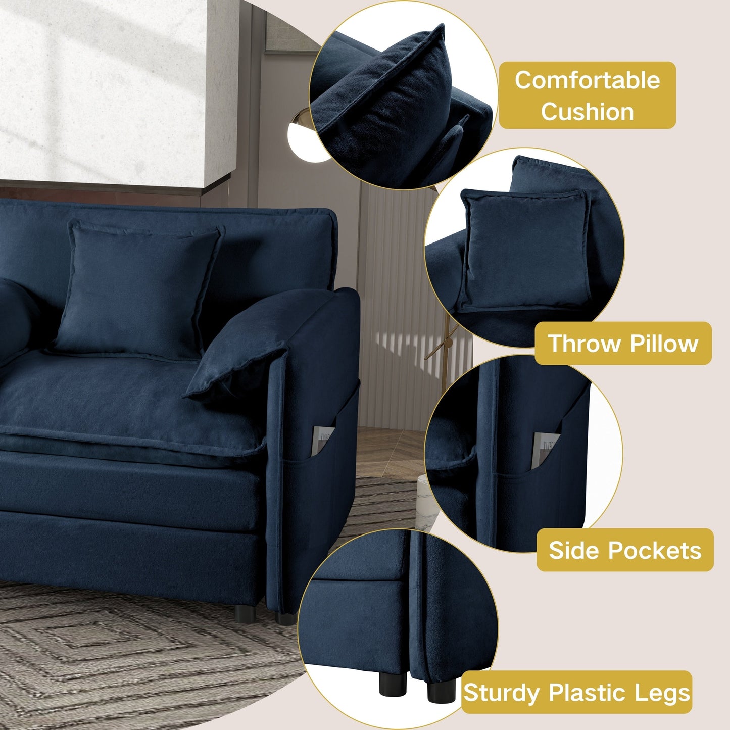 NEW Modern Blue Chenille Love Seat Upholstered Modular L Shaped Deep Seat Sectional Sofa Cloud Couch with Ottoman