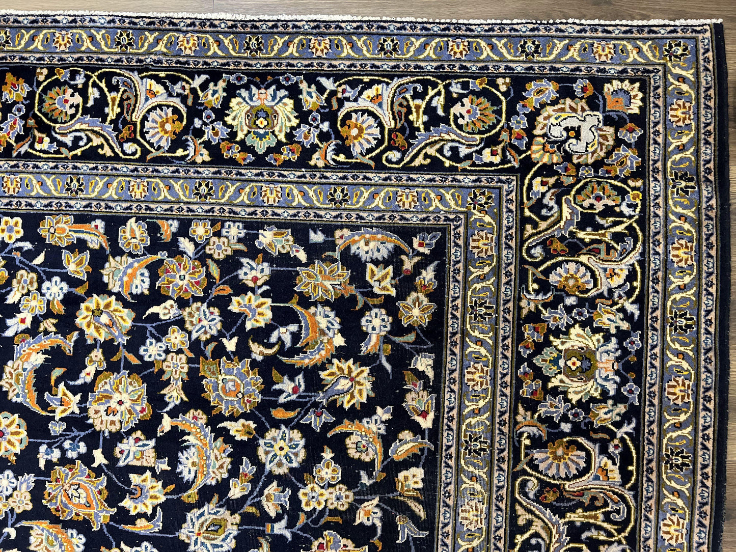 USED Wonderful Navy Blue Persian Kashan Rug 11x13, Allover Floral Design with Central Medallion, Wool Hand-Knotted Antique Carpet, Signed Rabani Rug
