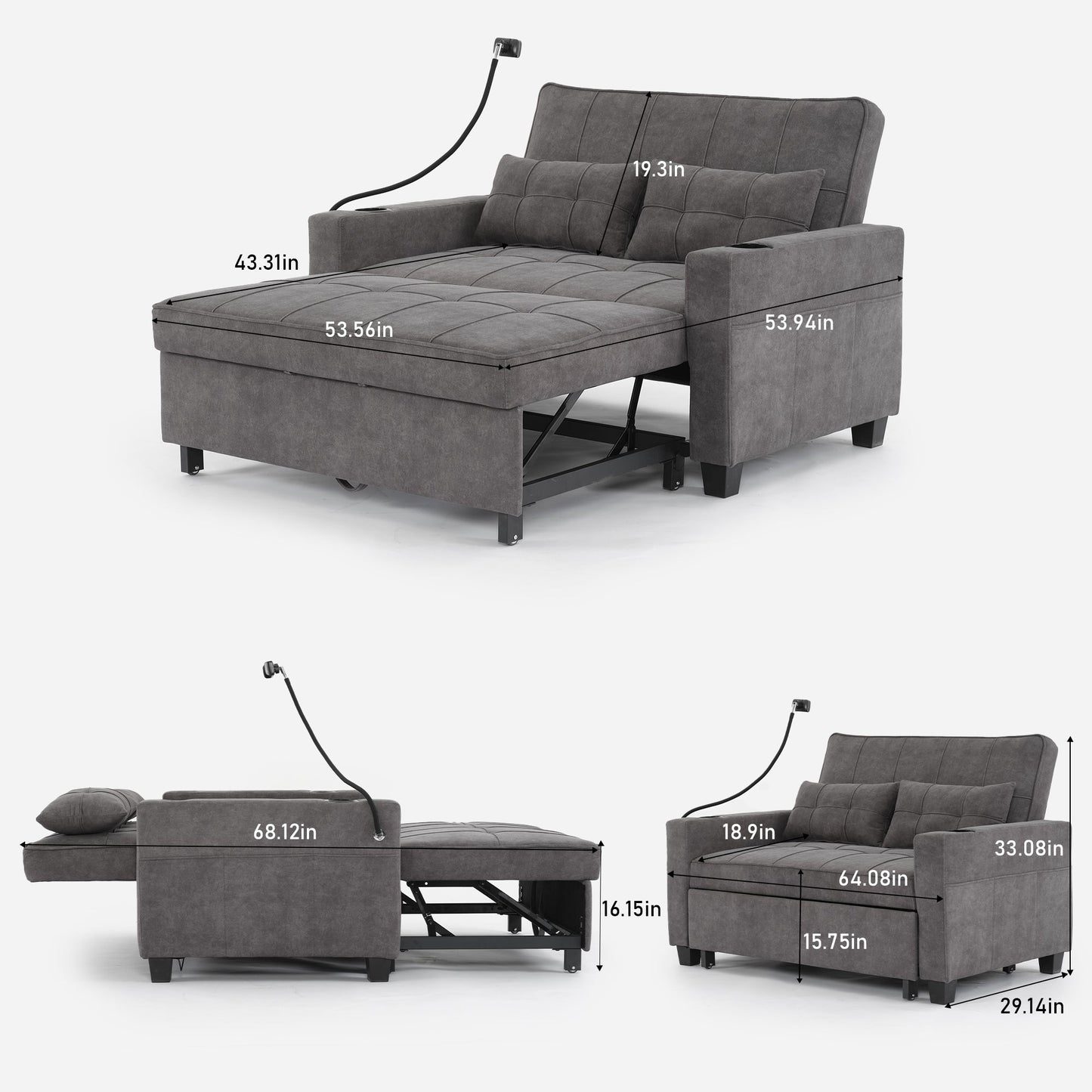 NEW Dark Grey Cloth Fabric 2 Seater Loveseat Recliner Sofa Bed with Adjustable Backrest USB and Cupholders