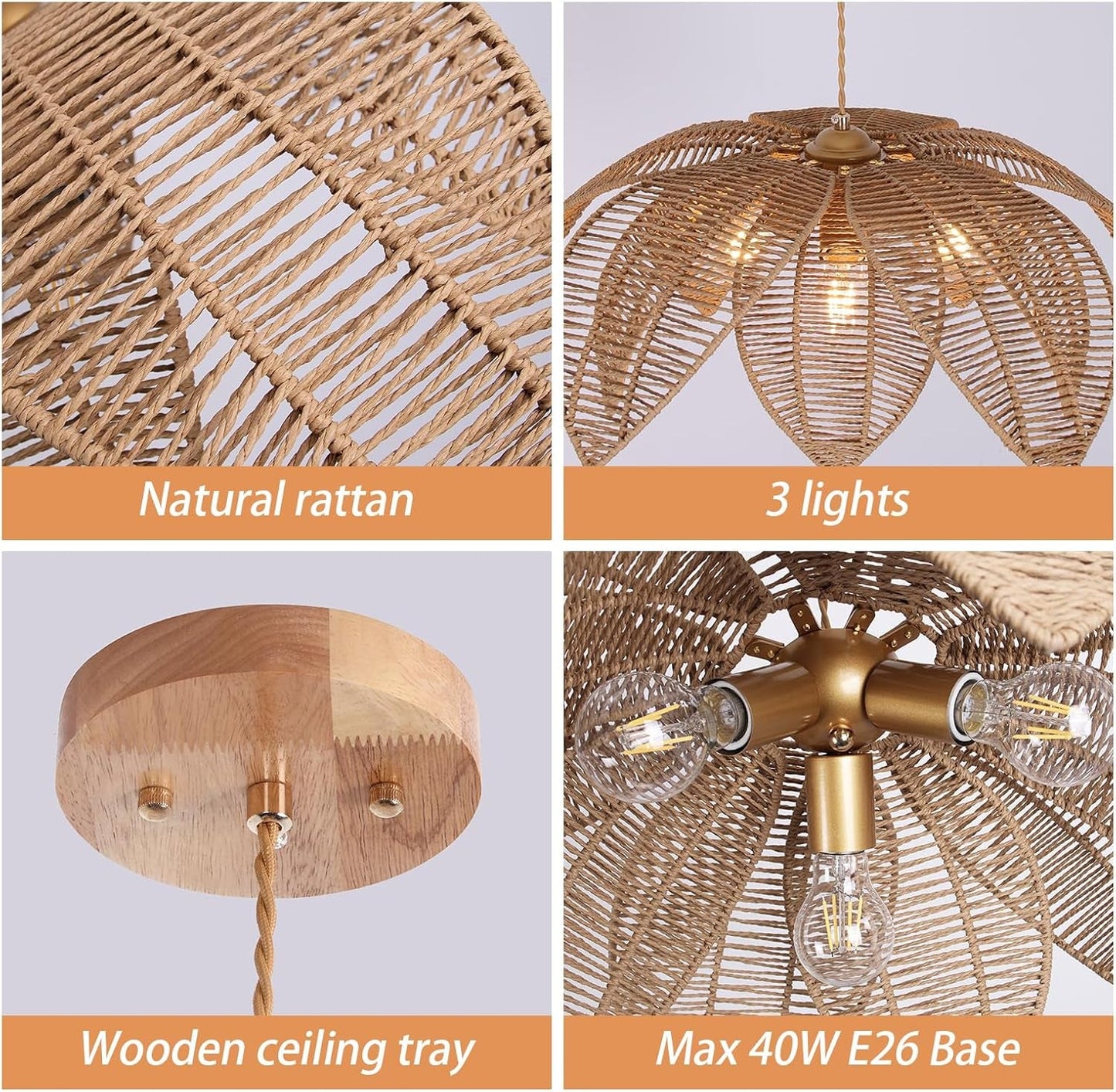 NEW Handwoven Rattan Chandelier 24 Inch Pendant Light Fixture