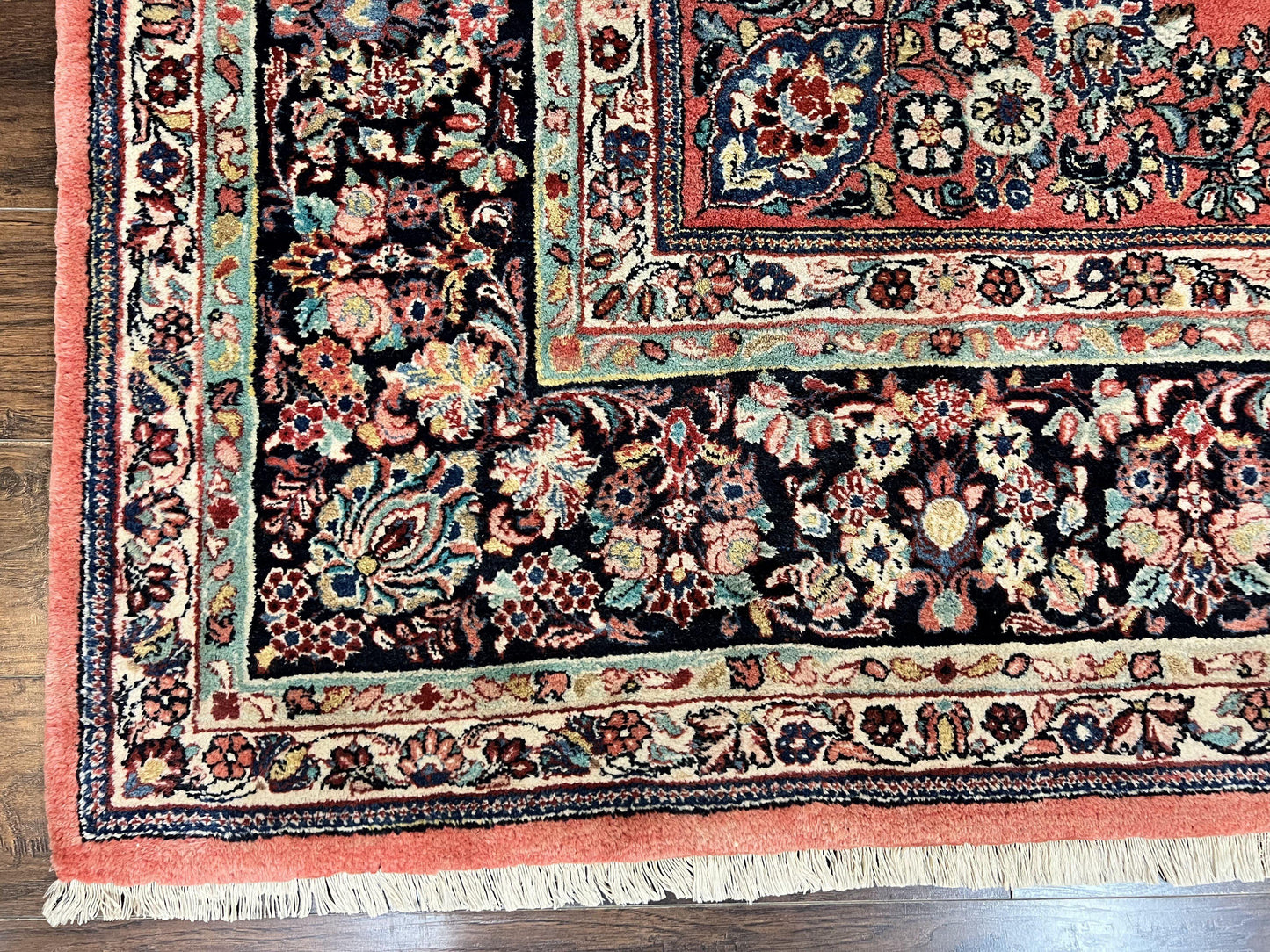 USED Square Persian Sarouk Rug 11x11 ft, Rare Size, Hand Knotted Wool Floral Allover Red Persian Carpet, Handmade Antique Rug