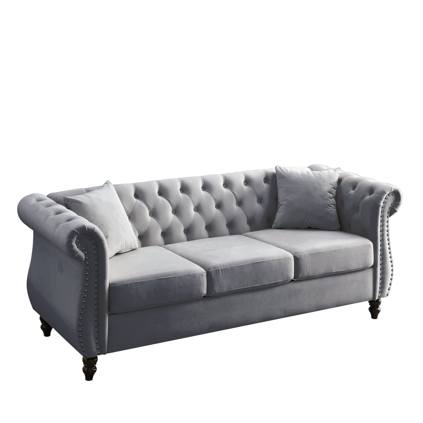 NEW 80' Chesterfield Sofa Couch Grey Velvet for Living Room, 3 Seater Sofa Tufted Couch with Rolled Arms Nailhead and Two Pillows