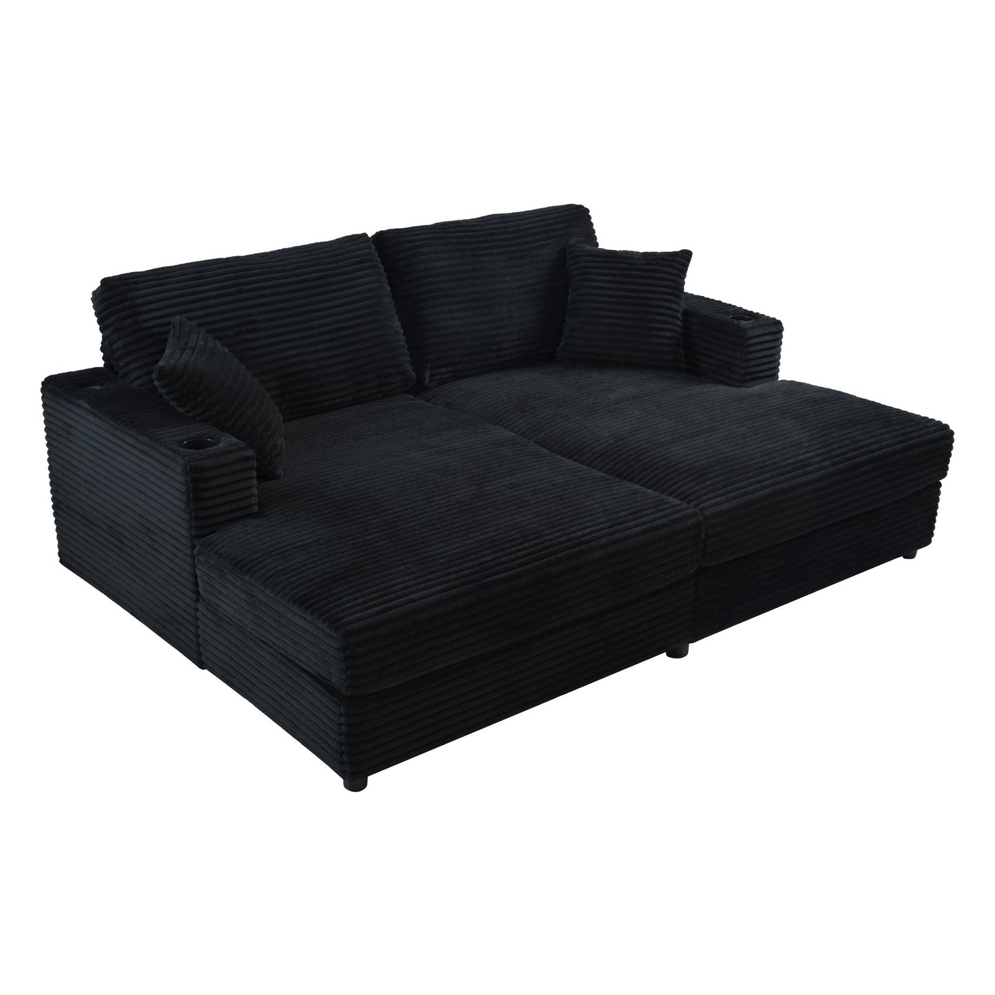 NEW Black Corduroy Oversized Loveseat Chaise Lounge Sectional Sofa Bed with USB Ports Cup Holders and Pillows