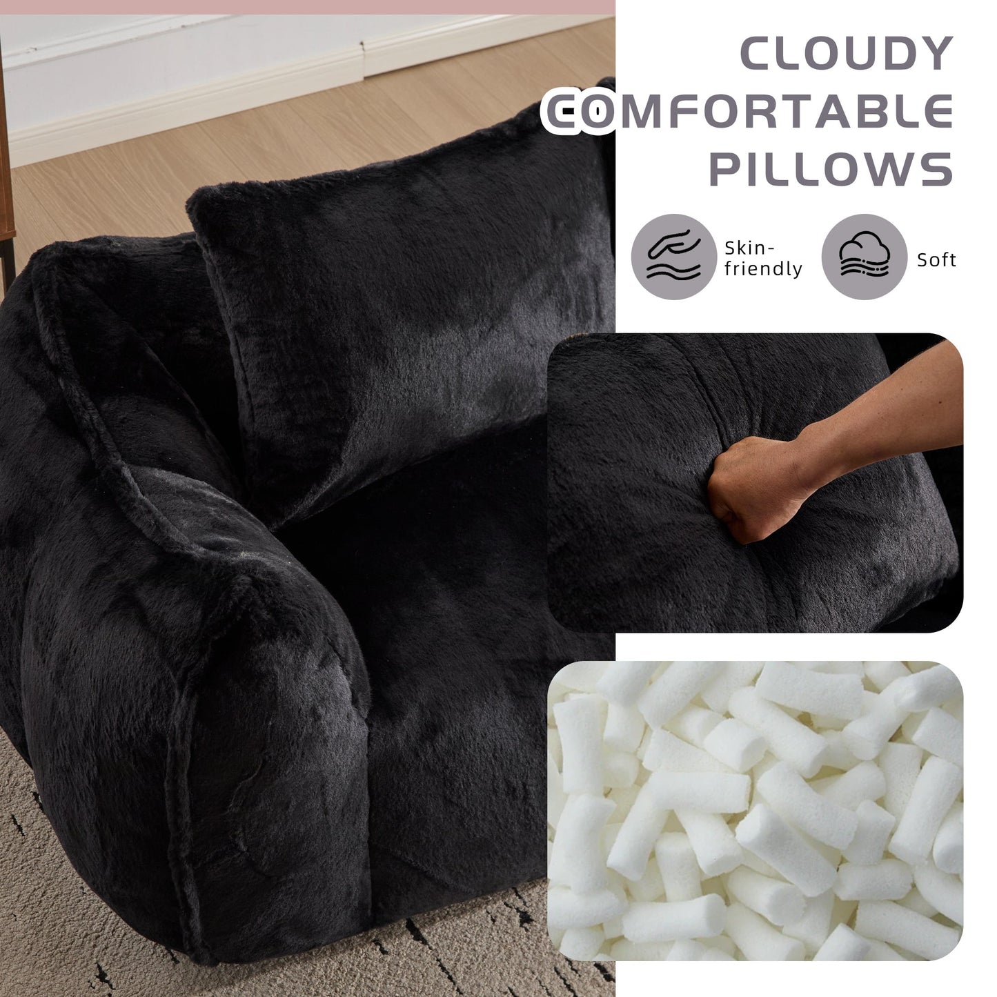 NEW Giant Bean Bag Couch for Adults, Ultra Soft Fluffy Loveseat Bean Bag Sofa, Oversized Chase Lounge Chair Indoor for Living Room Bedroom, No Assembly Required Cozy Reading Chair with Pillows, Black