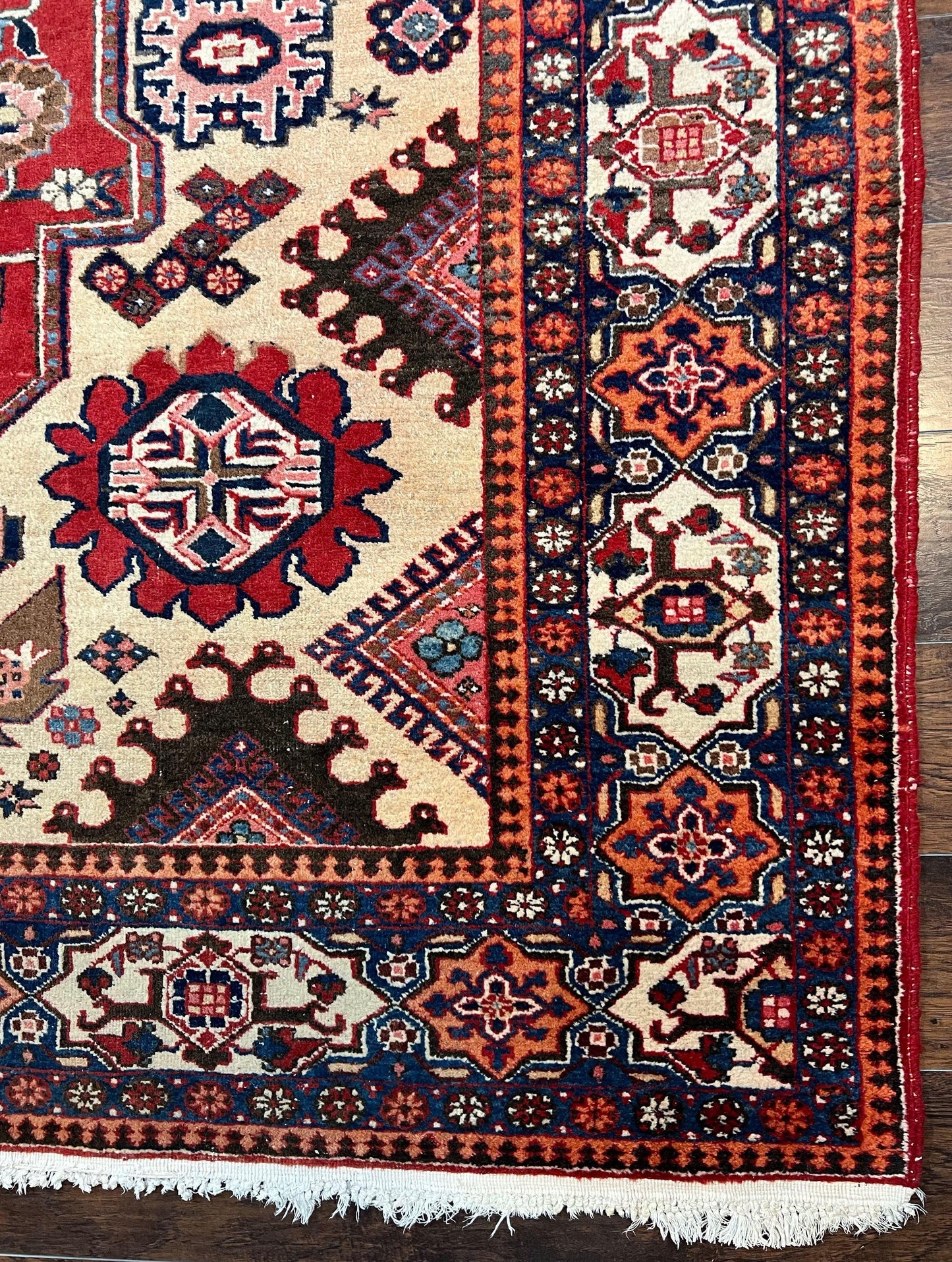 USED Antique Persian Heriz Rug 8x12 ft, Geometric Tribal Room Sized Carpet, Camel Hair Red Navy Blue, Wool Hand Knotted Medallion Oriental Carpet