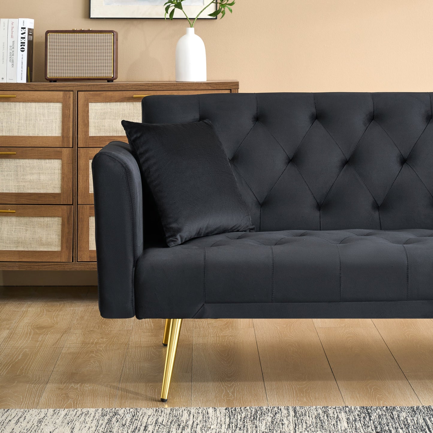 NEW 71-inch American Retro Style Black Velvet Foldable Double Sofa