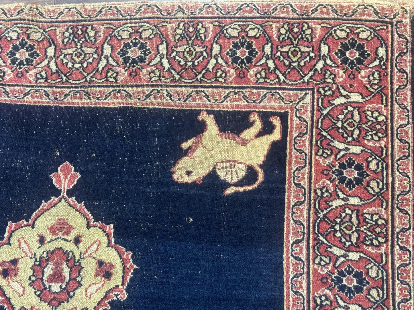 USED Antique Persian Mashad Rug 4x6, Semi Open Field, Navy Blue, Lion Pictorials, Triple Medallion, Dorokhsh Rug