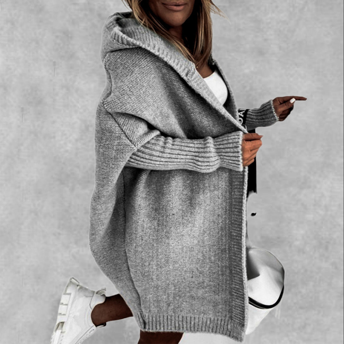 New Ins Knitted Hooded Cardigan Fashion Loose Solid Color Batwing Sleeve Sweater Autumn And Winter Women's Clothing
