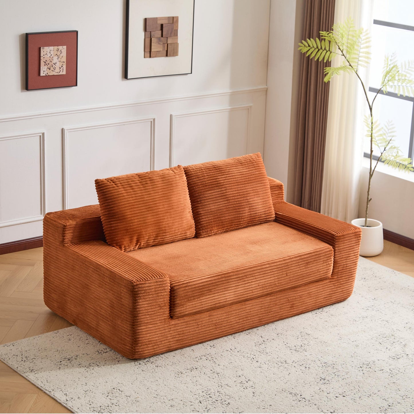 NEW Loveseat Sofa, Comfortable Deep Seat Sofa Bed, Modern Small Corduroy Couch for Living Room Bedroom,Reversible Cushion with Pillows,No Assembly Required,Orange