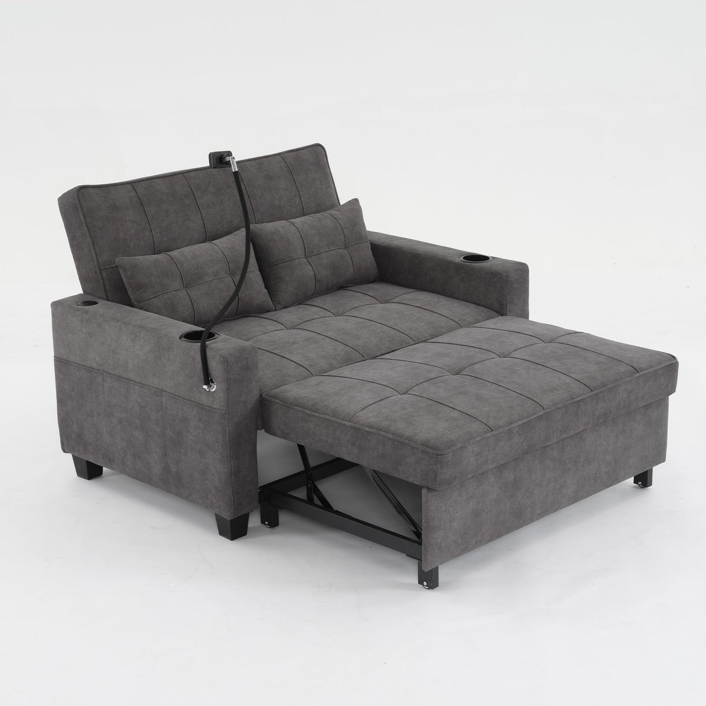 NEW Dark Grey Cloth Fabric 2 Seater Loveseat Recliner Sofa Bed with Adjustable Backrest USB and Cupholders