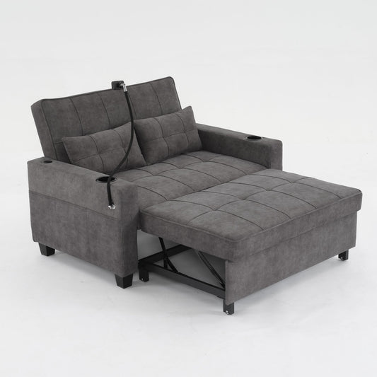 NEW Dark Grey Cloth Fabric 2 Seater Loveseat Recliner Sofa Bed with Adjustable Backrest USB and Cupholders