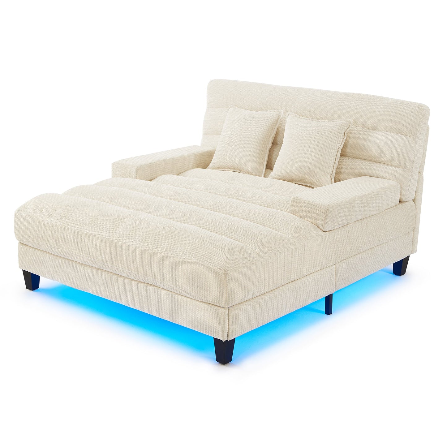 NEW Modern Beige Chaise Lounge Sofa 57.1' Bed Chenille Upholstered Lounge Chair with Adjustable Backrest and LED Light Strip