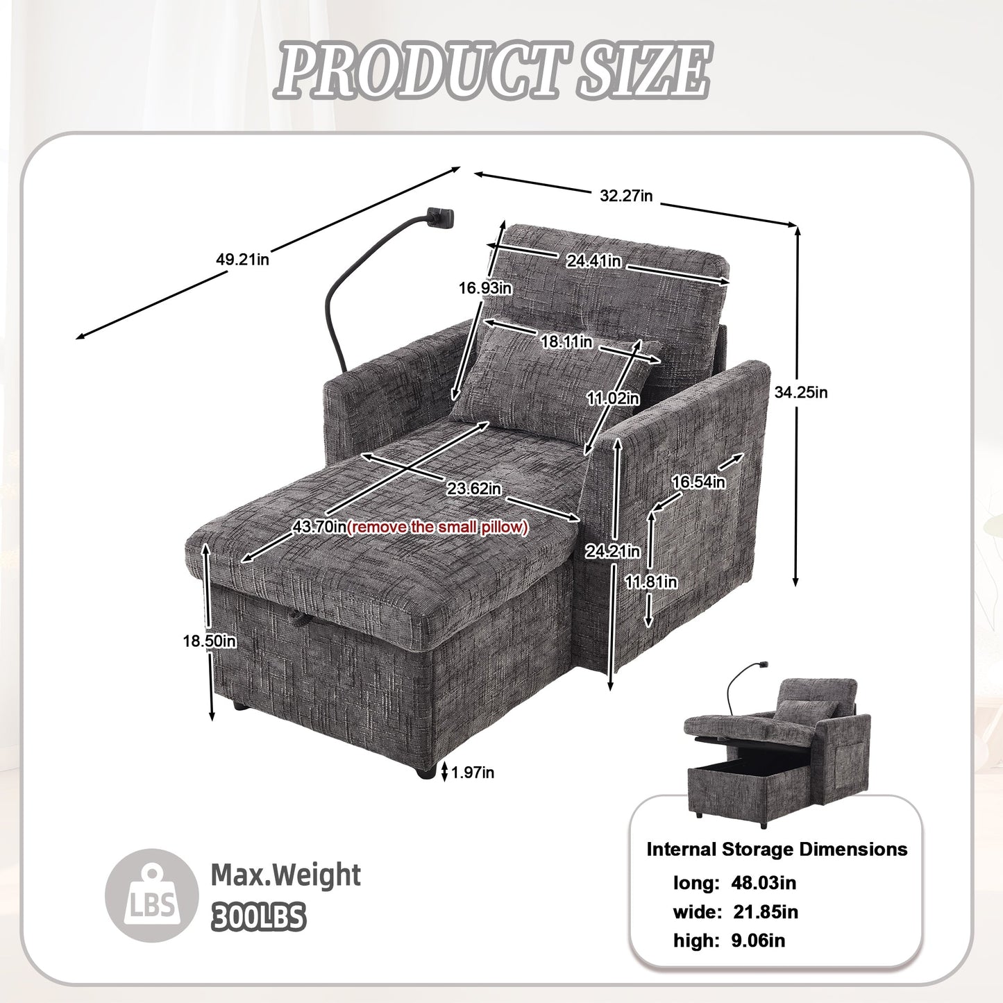 NEW Multifunctional Recliner with Storage Backrest and Cell Phone Bracket in Gray Chenille for Living Room and Bedroom