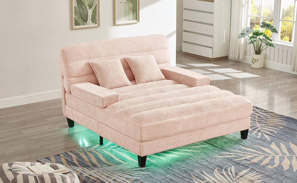 NEW Modern Pink Chenille Upholstered 57.1’ Chaise Lounge Sofa Bed with Adjustable Backrest and LED Light Strip