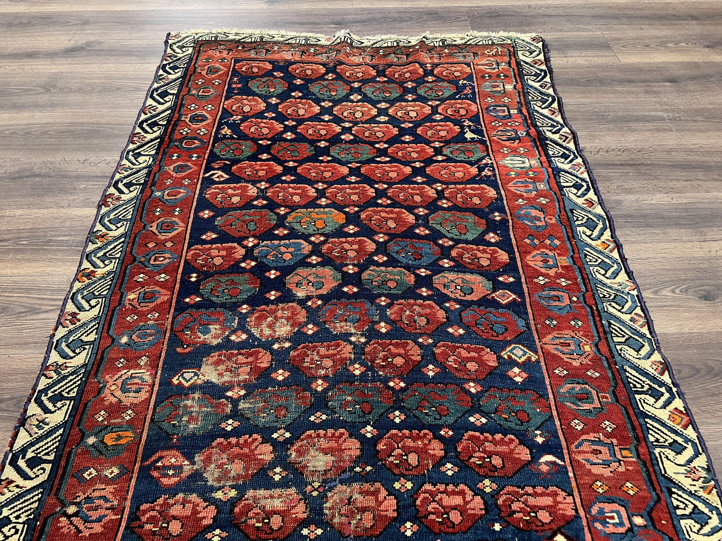 USED Antique Seychour Rug 4x7, Collectible Kuba Caucasian Carpet, Wool Handmade, Red Navy Blue Cream, Repeated Allover Motif, Early 20th Century