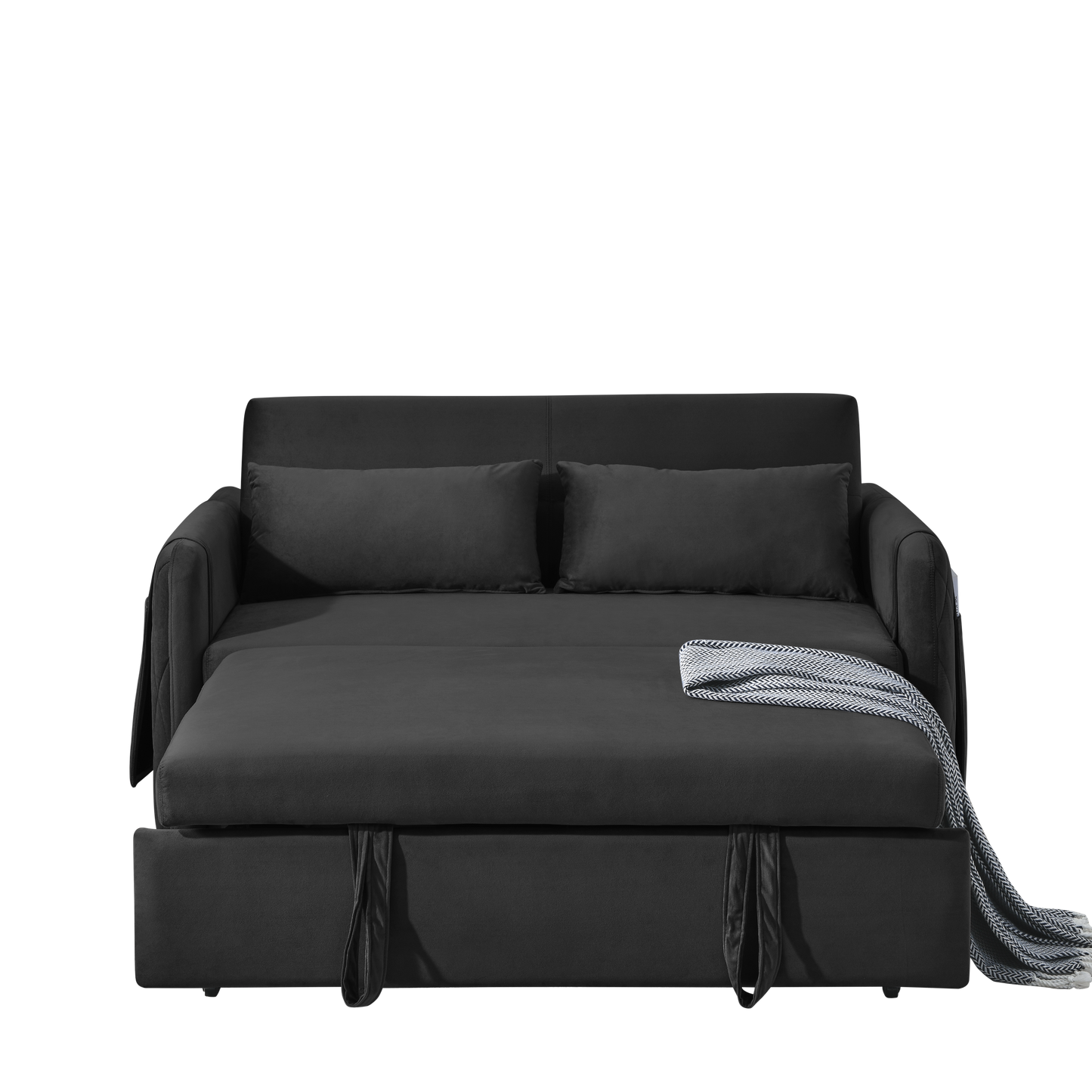 NEW 55' Modern Convertible Sofa Bed with 2 Detachable Arm Pockets, Velvet Loveseat Sofa with Pull Out Bed 2 Pillows Adjustable Backrest Grid Design Armrests