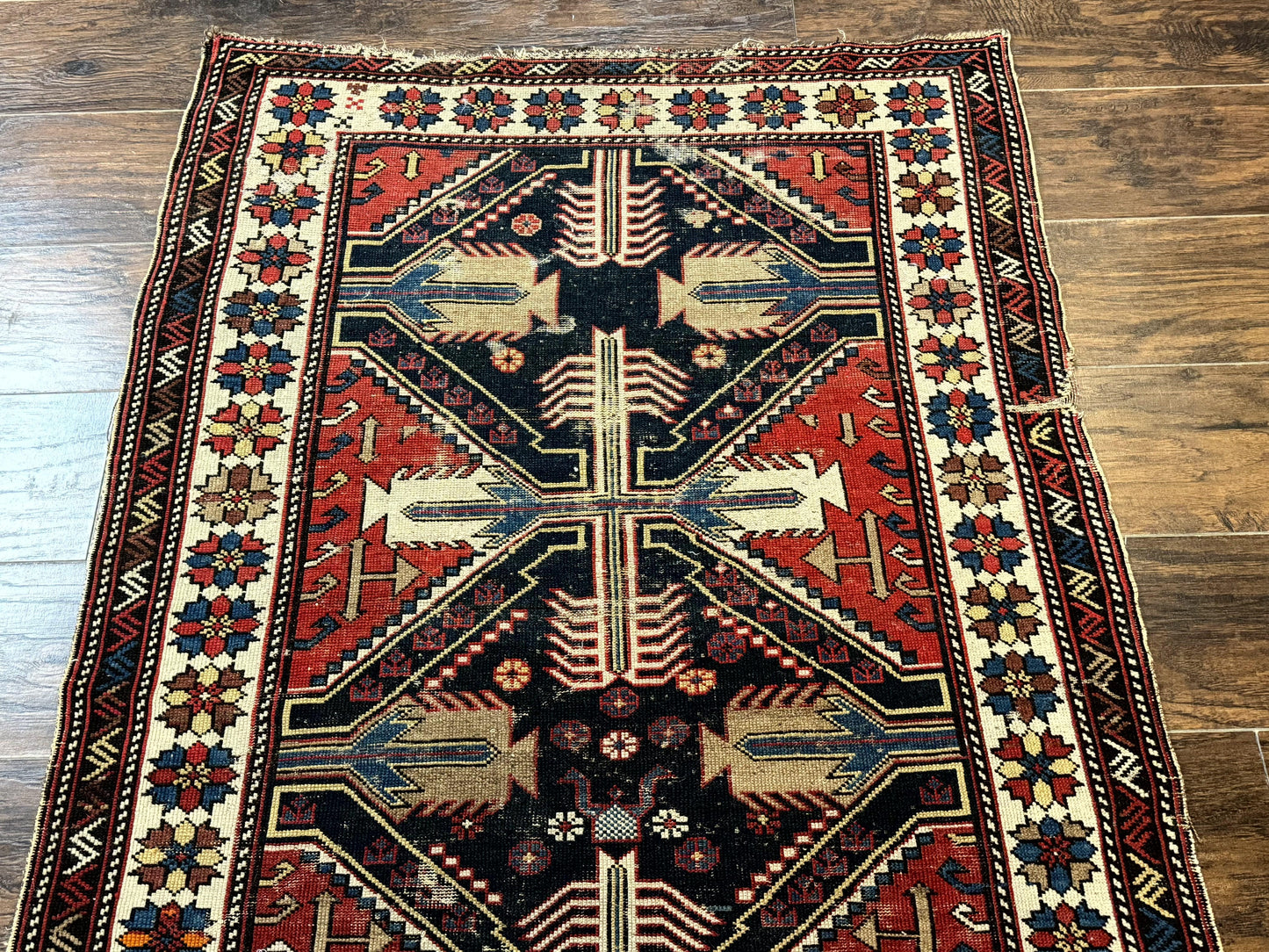 USED Antique Shirvan Caucasian Rug 3x5, Geometric Pattern, Red Navy Blue Beige
